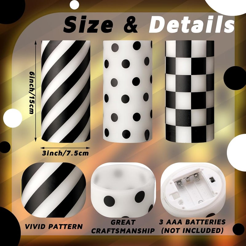 ROCEEI Store 3 Pcs Black and White Checked Flameless Candles Battery Operated LED Candles Flickering Real Wax Decorations for Indoor Holiday Party Table Decor - Image 2